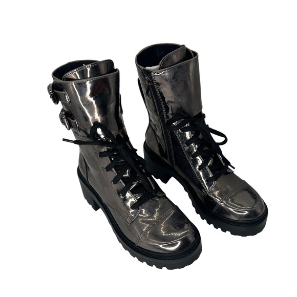 NWT DKNY Bart Combat Boots Size 7 Metallic Patent Gunmetal Mirror Finish in Box - Picture 7 of 9